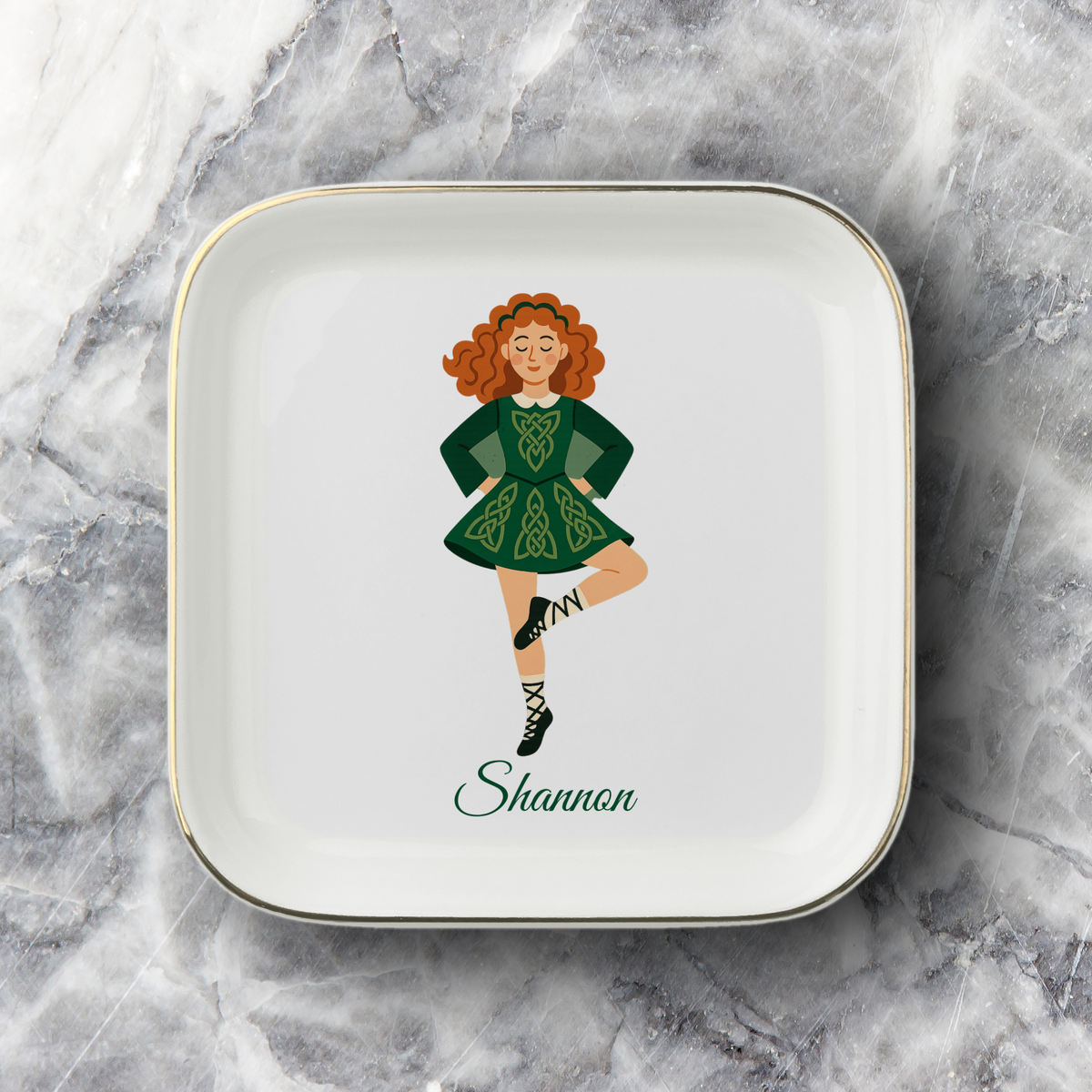 Personalized Celtic Dancer Jewelry Dish, Irish Dance Trinket Tray, Redhead Ballerina Ring Holder, Dance Recital Gift, Ceramic Dish