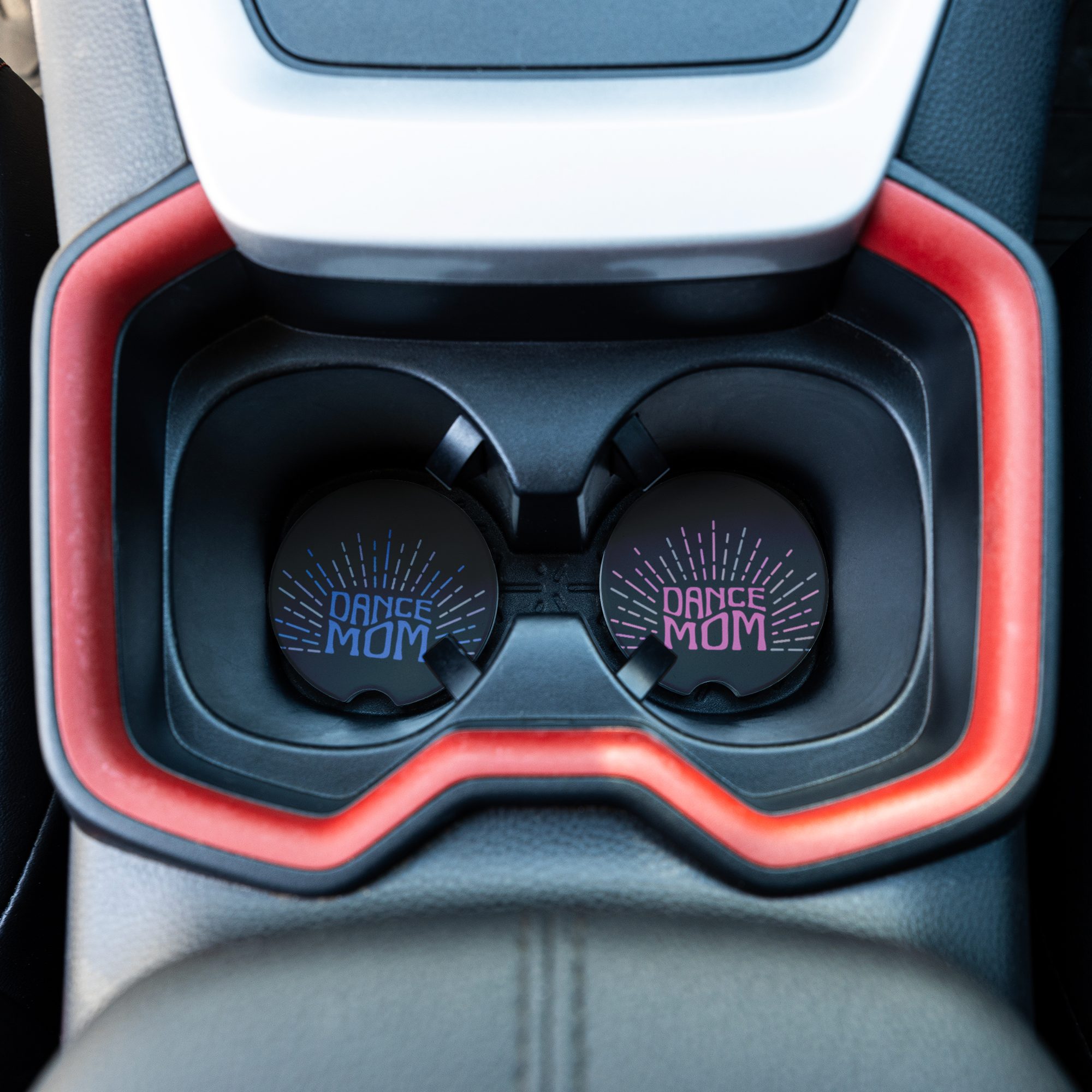 Dance Mom Car Coasters – Set of 2 Absorbent Ceramic Cup Holder Inserts, Pink & Blue Burst Design, Fun Gift for Dance Moms