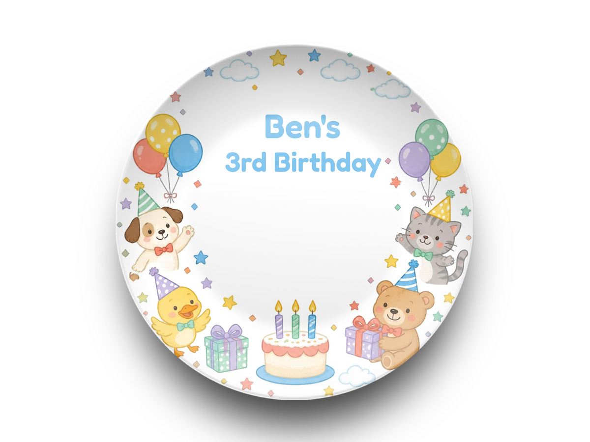 3rd Birthday Plate, Personalized Kids Party Gift, Animal Birthday Keepsake, Plate With Optional Stand, UNBREAKABLE – Not Ceramic