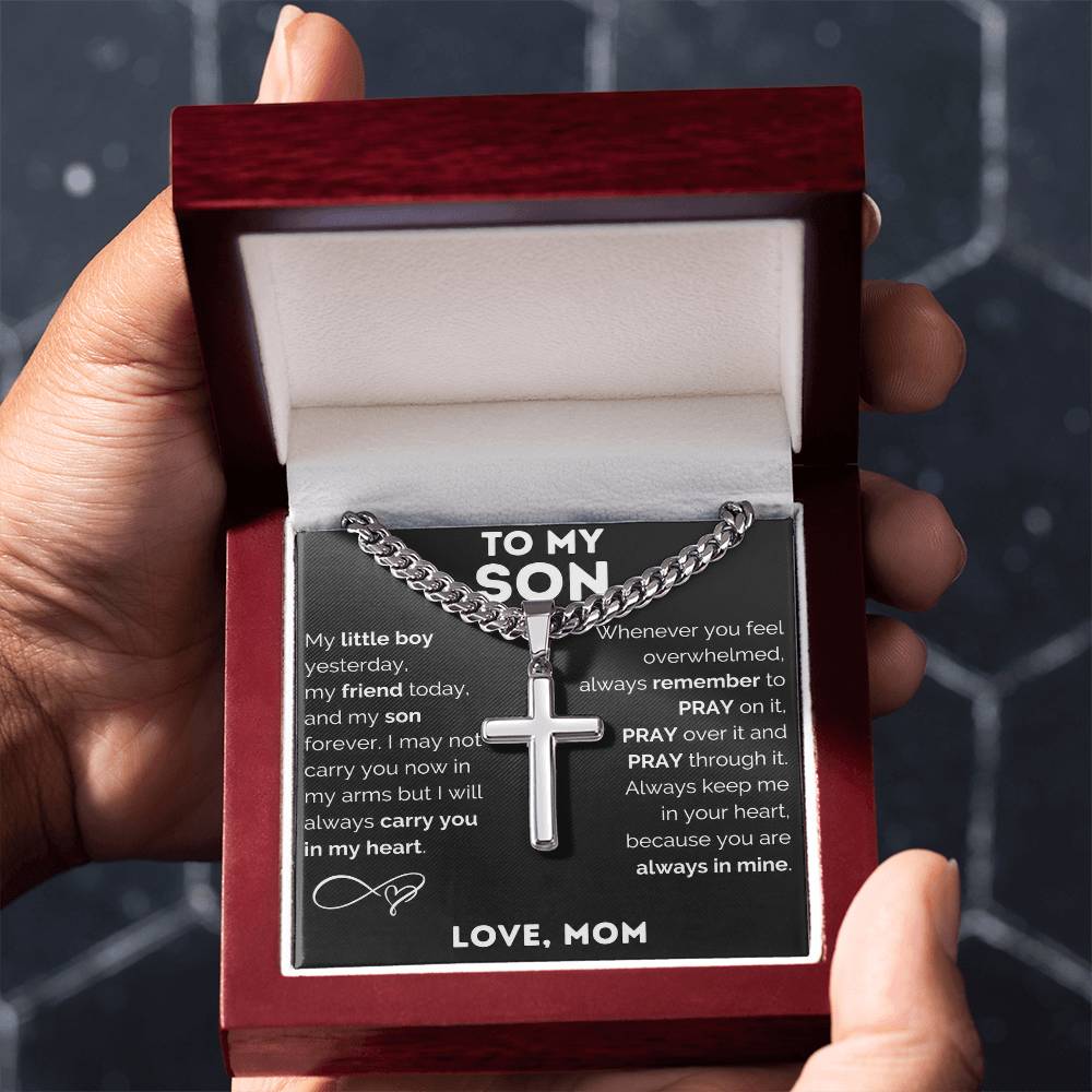 Personalized Cross Necklace, Cuban Link Chain Gift, To My Son Charm, Faith Jewelry, Engraved Pendant, Inspirational Gift Memory