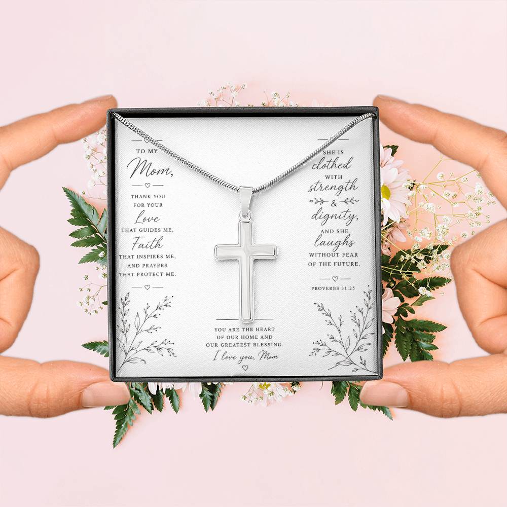 Cross Necklace for Mom, Christian Faith Jewelry, Mother's Day Gift, Proverbs 31:25 Religious Pendant