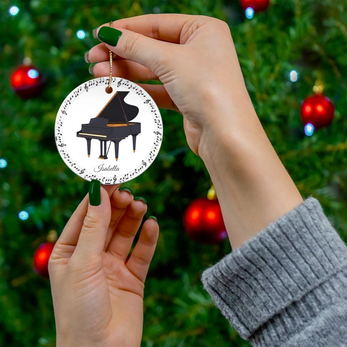Custom Grand Piano Ornament – Personalized Ceramic Christmas Tree Decoration with Name, Gift for Pianist, Student, or Music Teacher