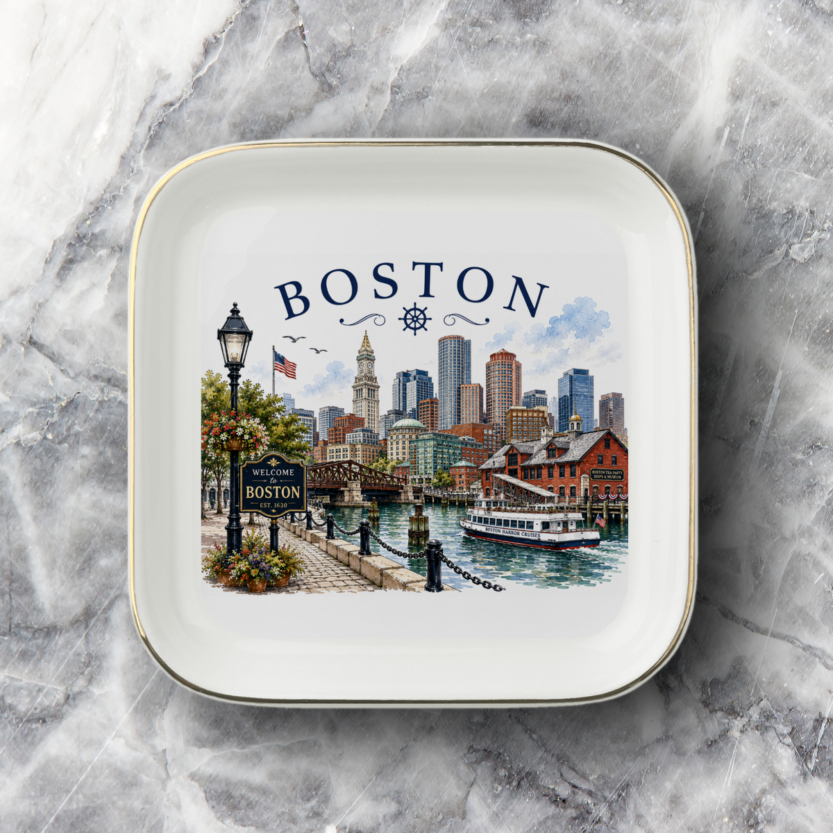 Boston Souvenir Jewelry Dish, Boston Harbor Trinket Tray, Massachusetts Travel Keepsake, Gold Trim Ceramic Catchall Gift for Boston Lovers