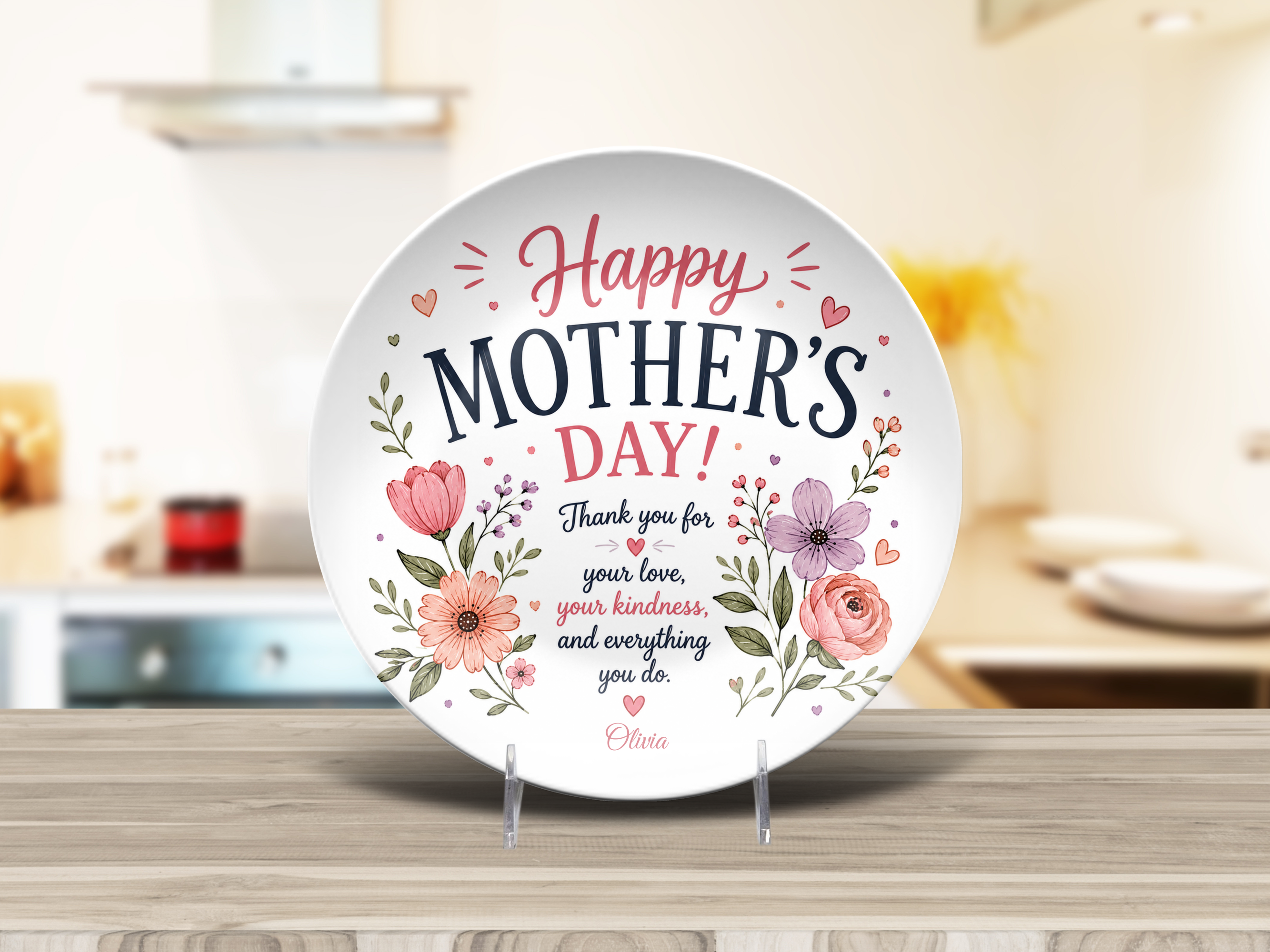 Personalized Mother's Day Plate, Floral Mom Gift, Thank You for Your Love and Kindness, Mother's Day Dinnerware