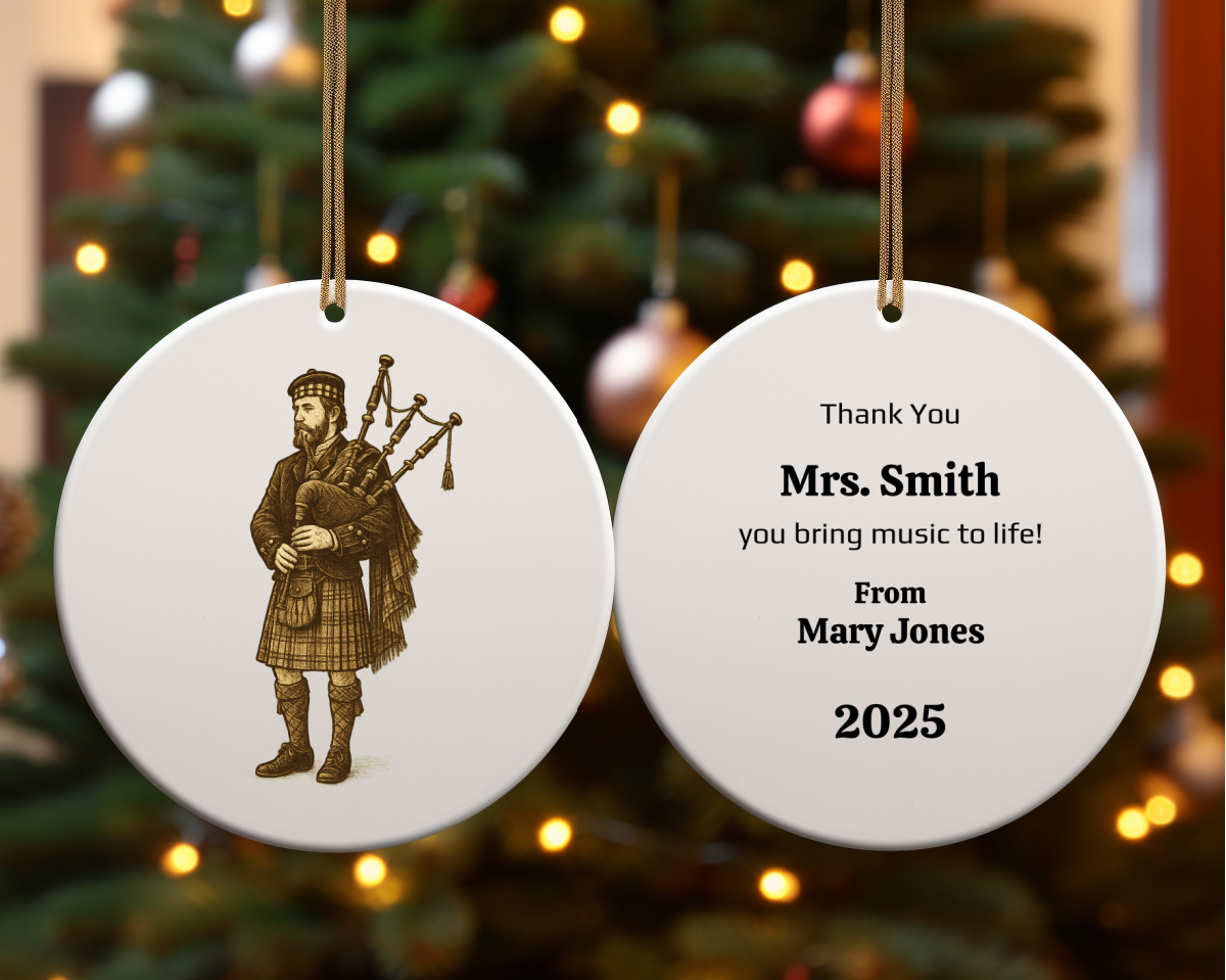 Personalized Bagpiper Ornament, Scottish Music Teacher Gift, 2-Sided Ceramic Christmas Ornament with Gold Cord, Custom Name & Year Keepsake