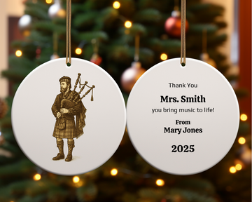 Personalized Bagpiper Ornament, Scottish Music Teacher Gift, 2-Sided Ceramic Christmas Ornament with Gold Cord, Custom Name & Year Keepsake