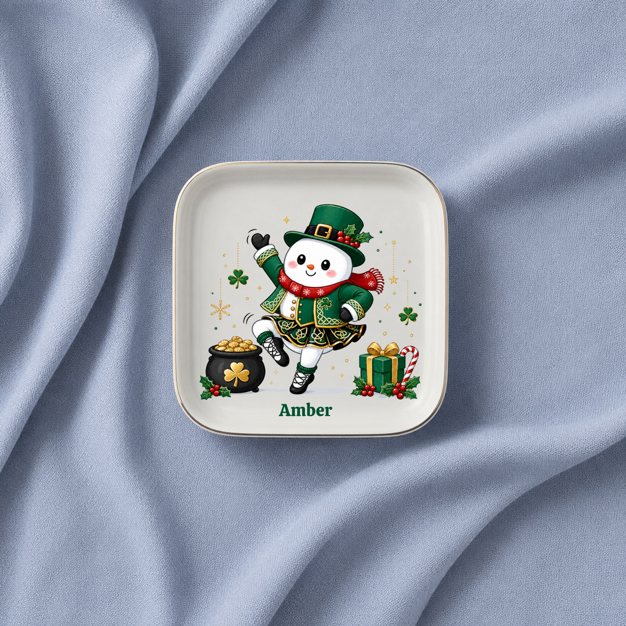 Personalized Christmas Jewelry Dish, Cute Snowman Trinket Tray, Holiday Ring Dish, Irish Dancer Gift