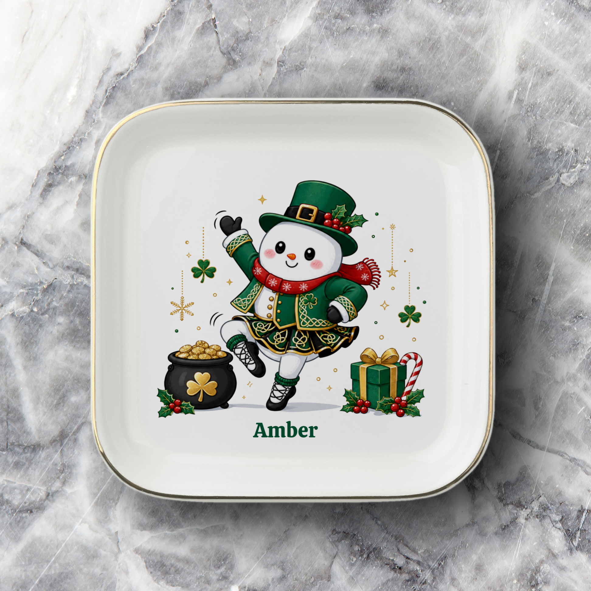 Personalized Christmas Jewelry Dish, Cute Snowman Trinket Tray, Holiday Ring Dish, Irish Dancer Gift