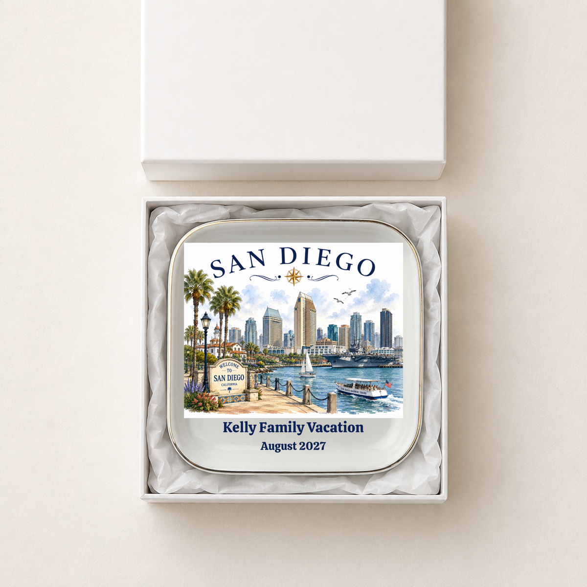 Personalized San Diego Jewelry Dish, California Travel Keepsake, Harbor Skyline Trinket Tray, Coastal Souvenir Gift, Gold Trim Ceramic Dish