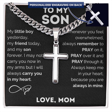 Personalized Cross Necklace, Cuban Link Chain Gift, To My Son Charm, Faith Jewelry, Engraved Pendant, Inspirational Gift Memory