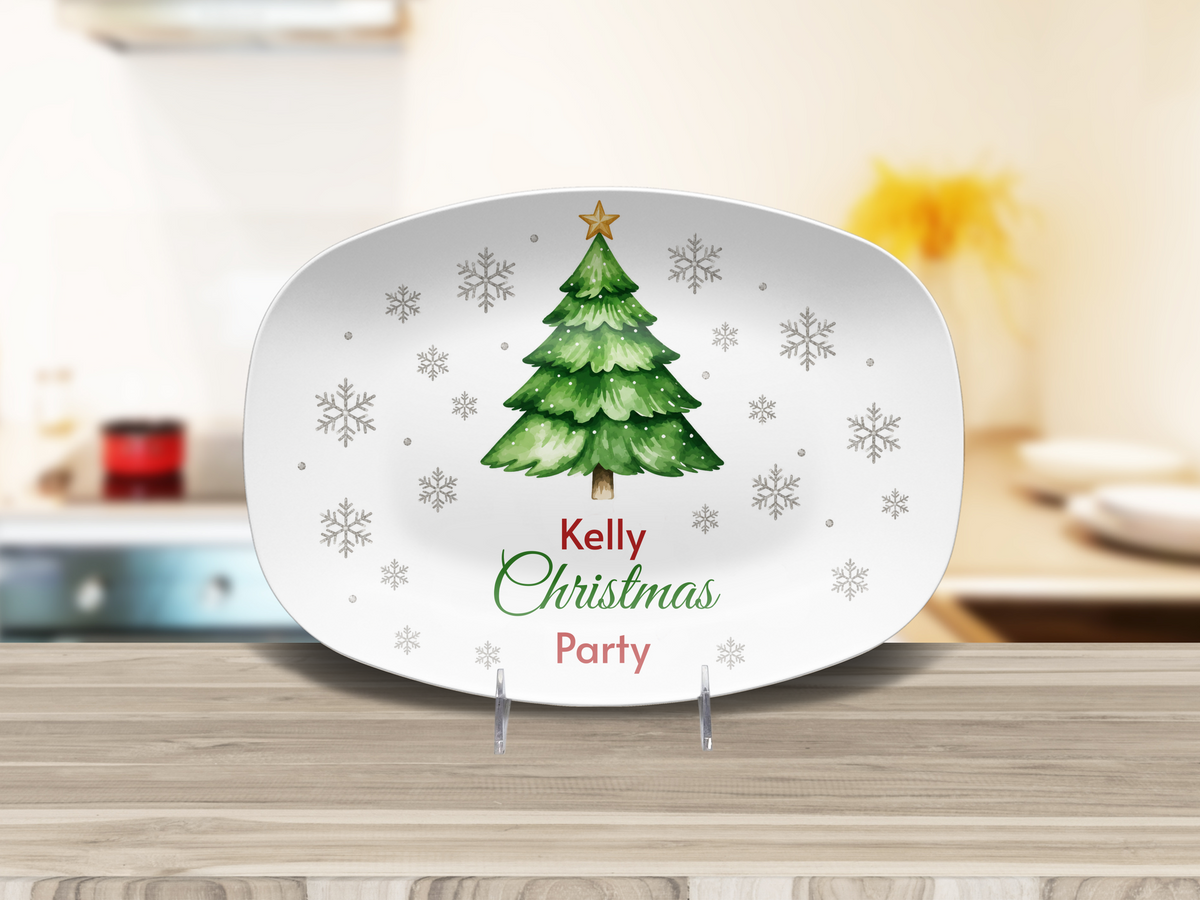 Personalized Christmas Party Platter, Custom Holiday Serving Tray with Christmas Tree and Snowflakes, Festive Hostess Gift Decor