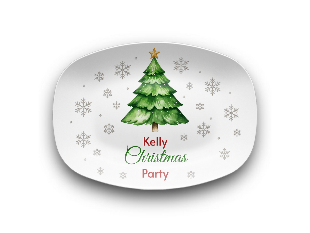 Personalized Christmas Party Platter, Custom Holiday Serving Tray with Christmas Tree and Snowflakes, Festive Hostess Gift Decor