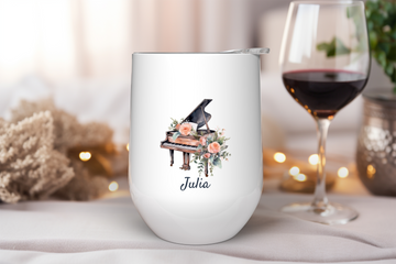 Personalized Grand Piano and Flowers Wine Tumbler – 12oz Stainless Steel Cup, Insulated Music Lover Gift for Pianists and Piano Teachers