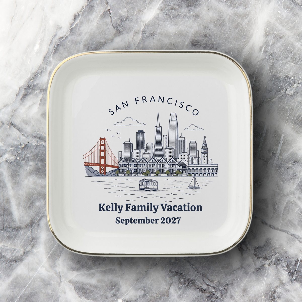 Personalizled San Francisco Souvenir Jewelry Dish, Golden Gate Bridge Trinket Tray, Golden Gate Bridge Keepsake Gift, Gold-Trimmed Ceramic Dish