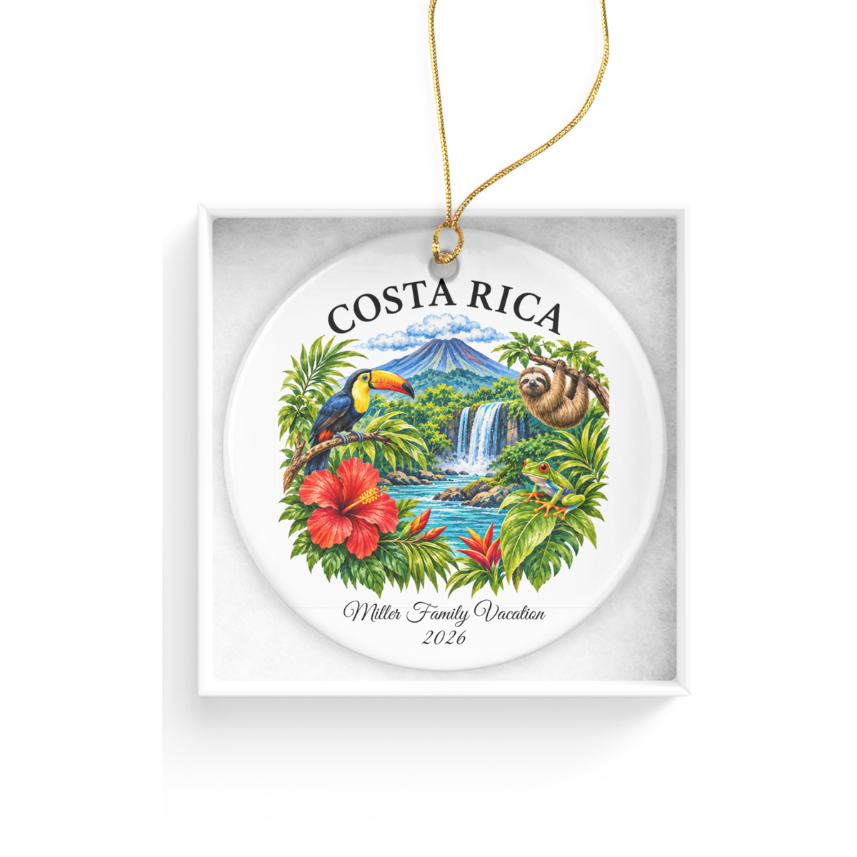 Costa Rica Vacation Ornament 2026, Tropical Travel Keepsake, Personalized Family Holiday Souvenir, Toucan Sloth Waterfall Decor Gift