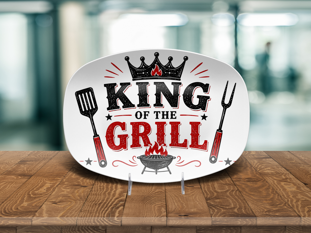 King of the Grill Platter Father's Day Gift, Barbecue Serving Dish, Grill Master Present, Backyard BBQ Decor, Oval Grilling Tray for Cookouts and Entertaining