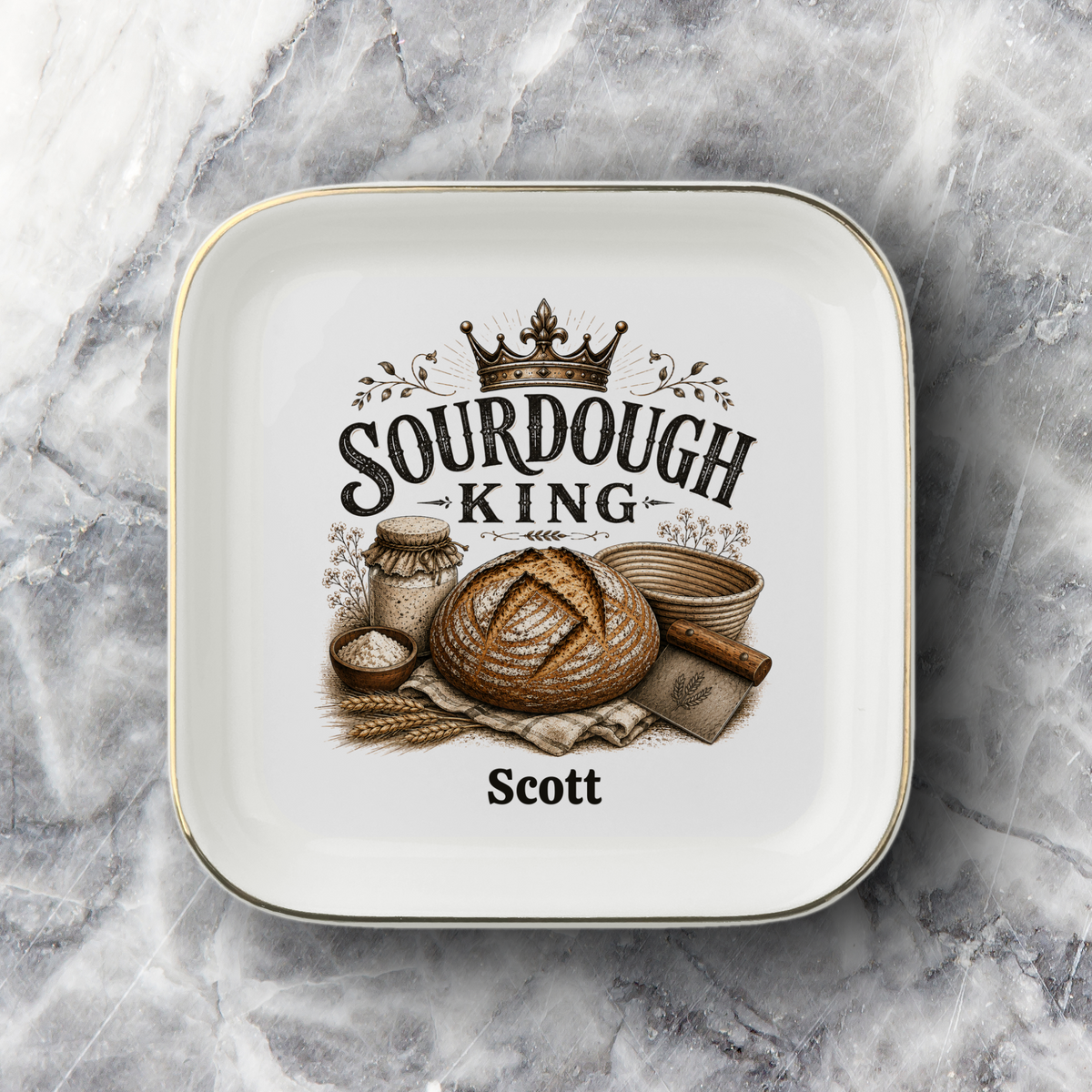 Personalized Sourdough King Jewelry Dish, Custom Baker Gift, Bread Lover Keepsake Ring Tray, Ceramic Trinket Dish for the Kitchen