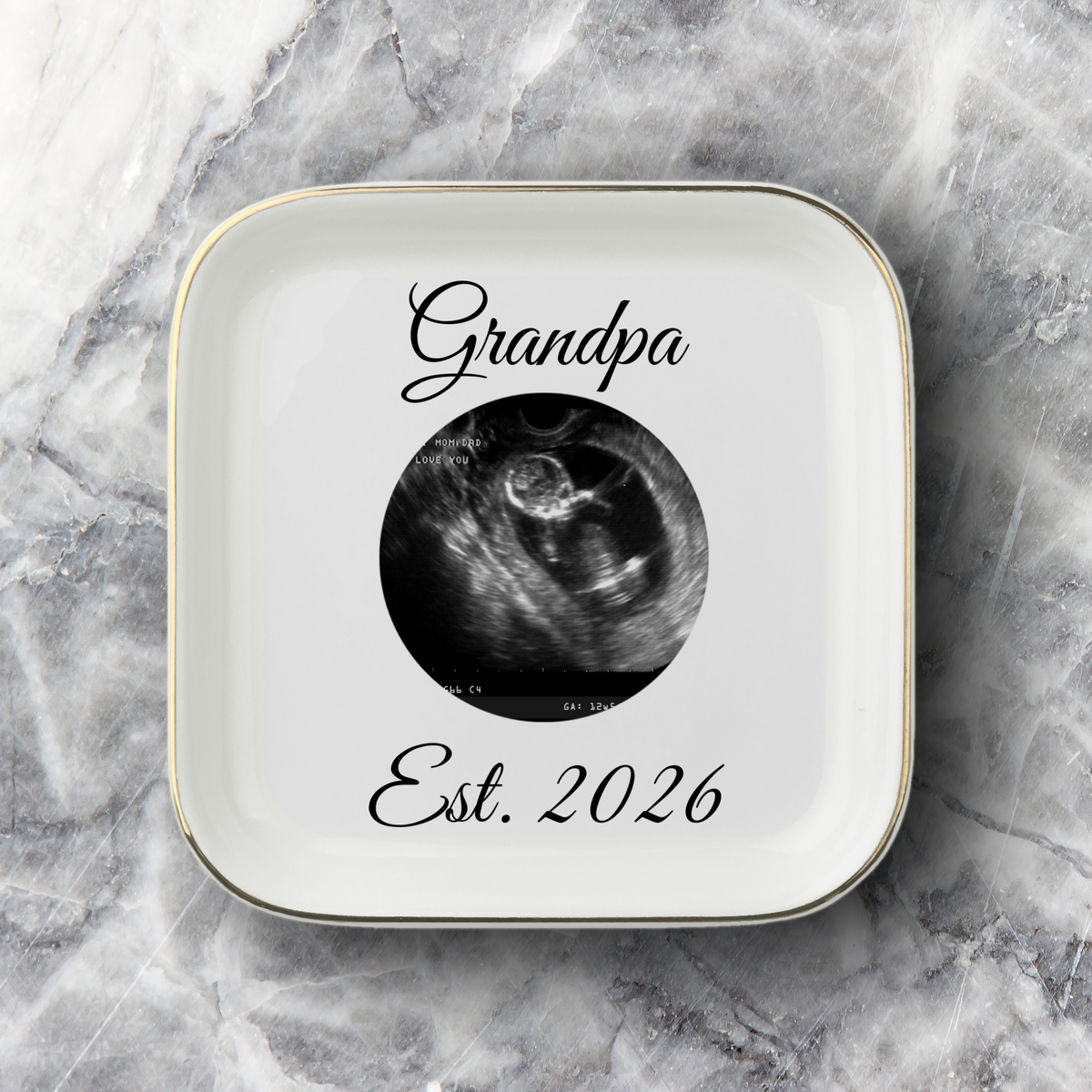 Personalized New Grandpa Gift, Pregnancy Announcement Keepsake, Est. 2026 Ultrasound Trinket Tray with Gift Box