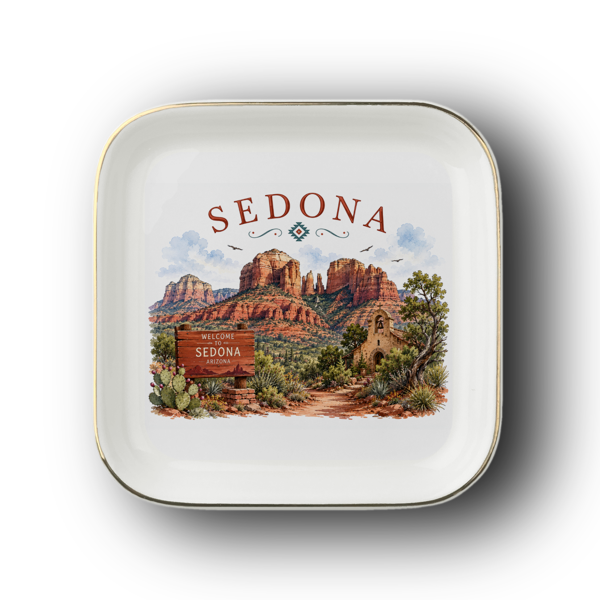 Sedona Arizona Jewelry Dish, Red Rock Desert Landscape Trinket Tray, Southwest Travel Keepsake, Gold-Trimmed Ceramic Catchall Dish