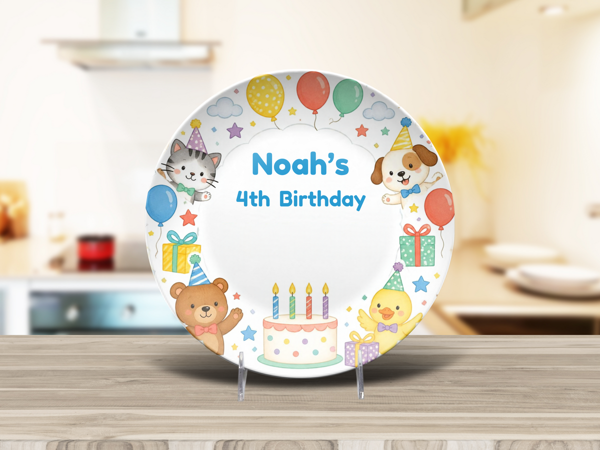 4th Birthday Plate, Personalized Kids Birthday Party Decor, Animal Celebration Keepsake Gift, 10 Inch, UNBREAKABLE – Not Ceramic