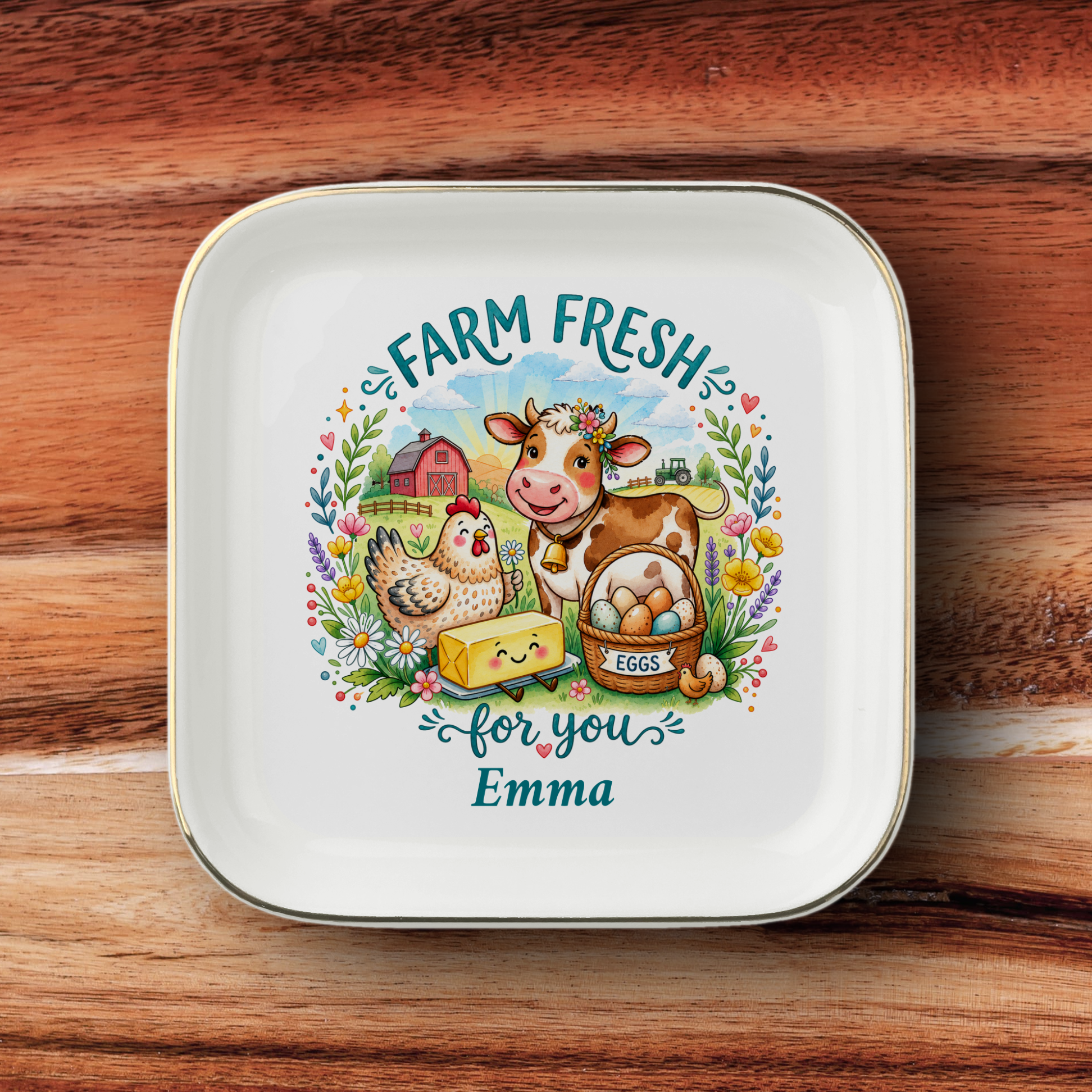 Farm Fresh Jewelry Dish, Personalized Farmhouse Trinket Tray, Cow and Chicken Keepsake Gift, Country Decor, Ceramic Ring Dish