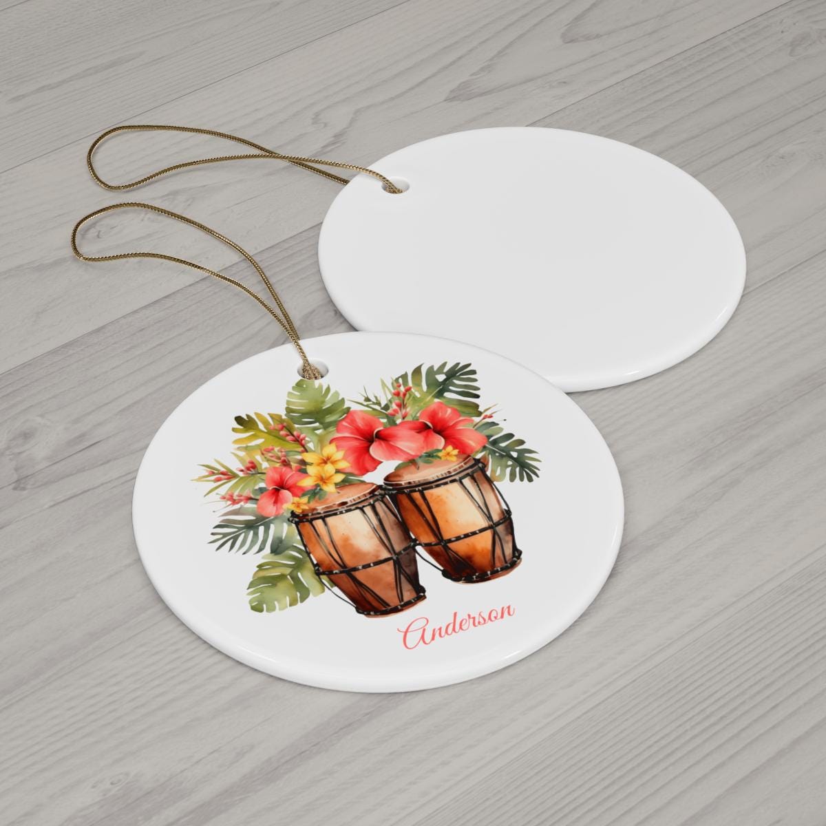 Personalized Bongo Drum Ornament – Custom Name Ceramic Christmas Tree Decoration, Music Lover Gift for Drummer or Percussionist