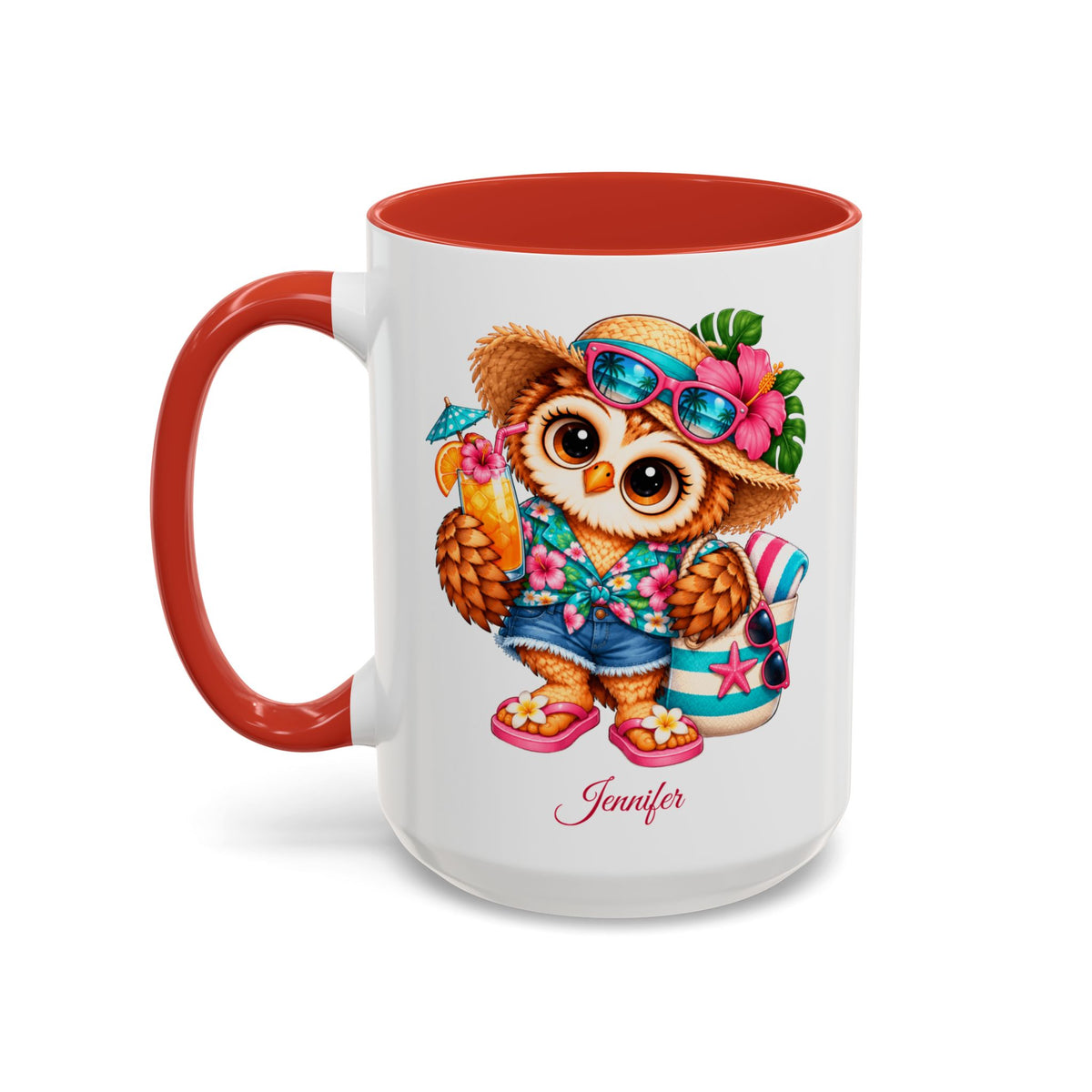 Personalized Beach Owl Coffee Mug, Tropical Bird Lover Gift, Cute Summer Owl Mug, Custom Name Bird Watching Gift