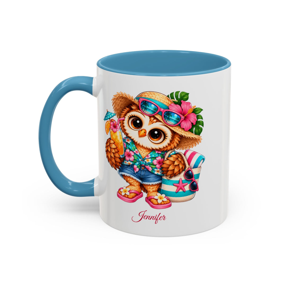 Personalized Beach Owl Coffee Mug, Tropical Bird Lover Gift, Cute Summer Owl Mug, Custom Name Bird Watching Gift
