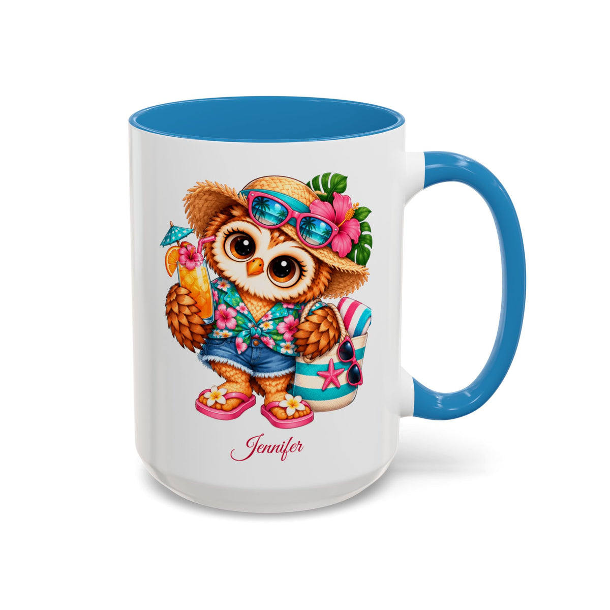 Personalized Beach Owl Coffee Mug, Tropical Bird Lover Gift, Cute Summer Owl Mug, Custom Name Bird Watching Gift