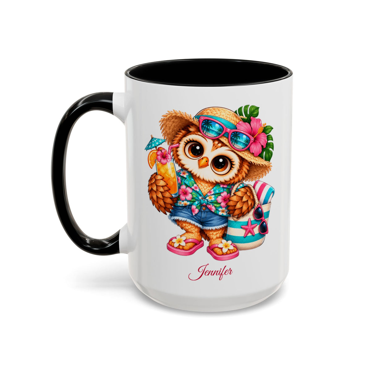 Personalized Beach Owl Coffee Mug, Tropical Bird Lover Gift, Cute Summer Owl Mug, Custom Name Bird Watching Gift