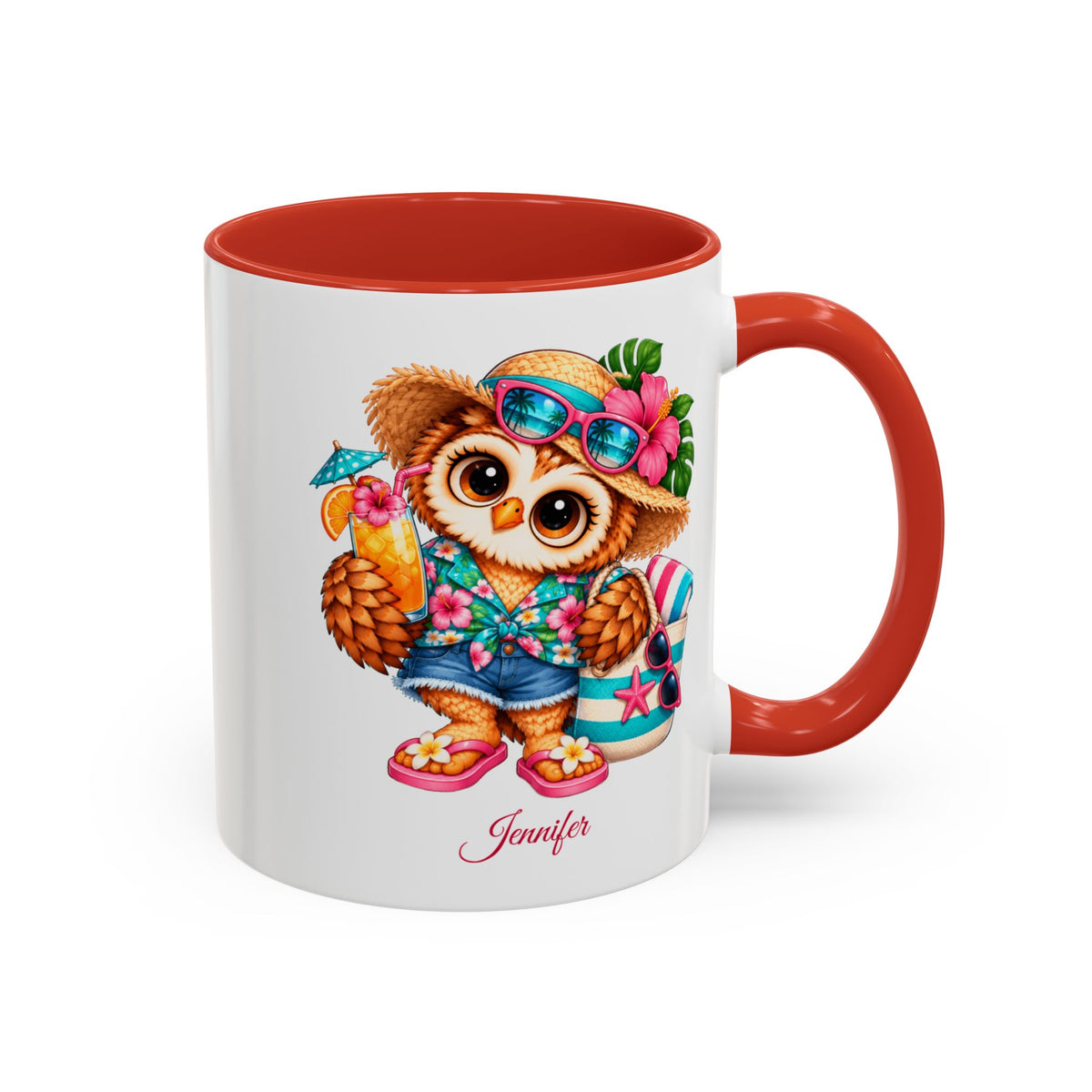 Personalized Beach Owl Coffee Mug, Tropical Bird Lover Gift, Cute Summer Owl Mug, Custom Name Bird Watching Gift