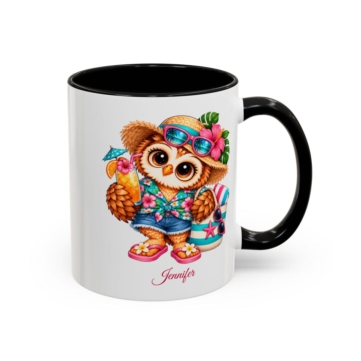 Personalized Beach Owl Coffee Mug, Tropical Bird Lover Gift, Cute Summer Owl Mug, Custom Name Bird Watching Gift