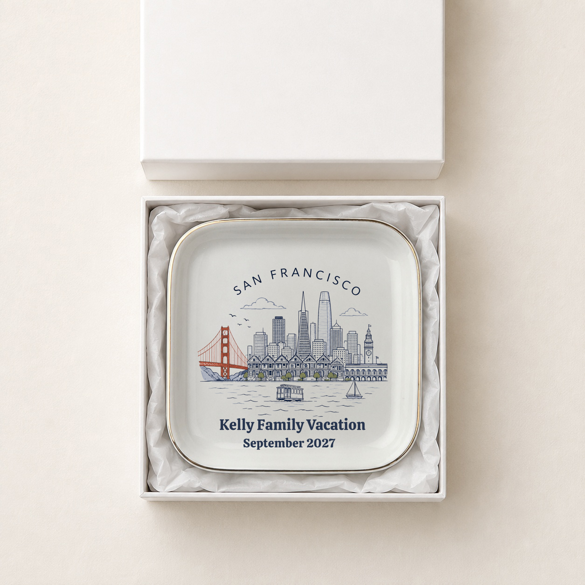 Personalizled San Francisco Souvenir Jewelry Dish, Golden Gate Bridge Trinket Tray, Golden Gate Bridge Keepsake Gift, Gold-Trimmed Ceramic Dish