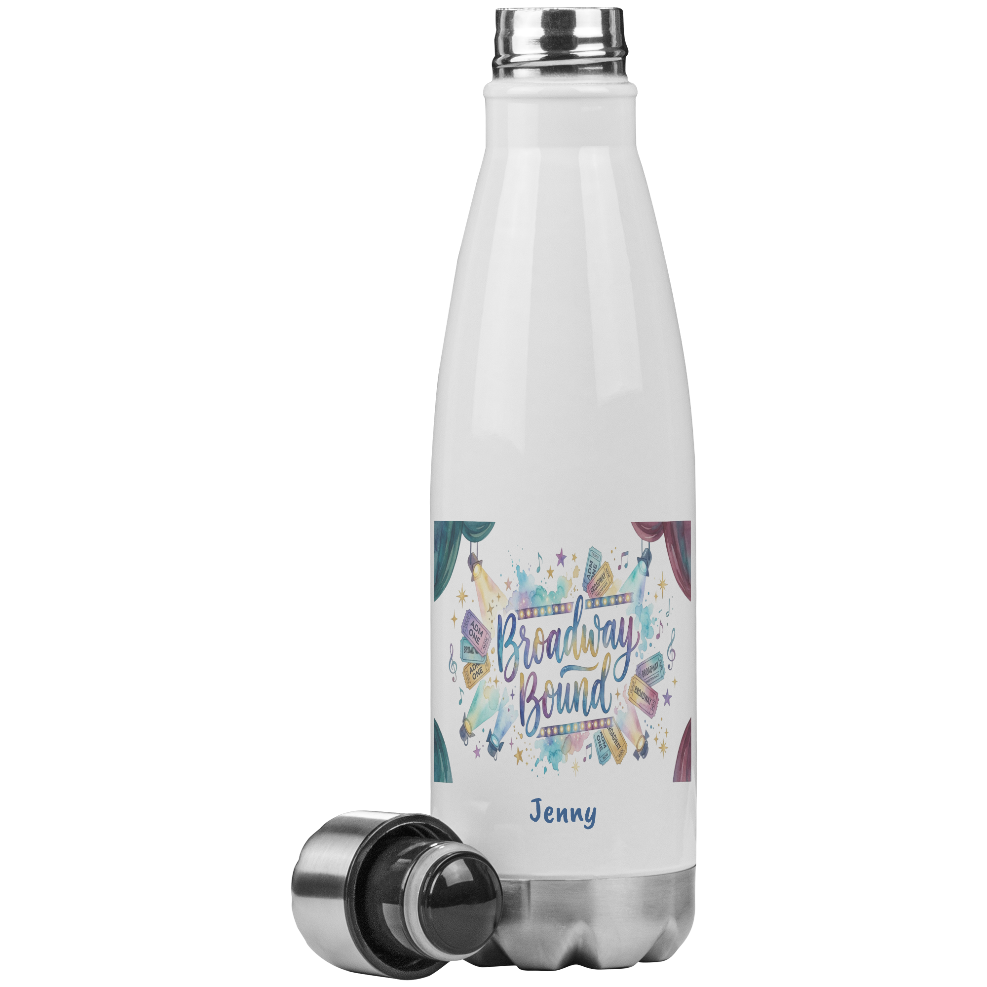 Broadway Bound Water Bottle, Musical Theatre Lover Gift,  20oz Insulated Bottle, Stainless Steel Tumbler, Personalized Gift,