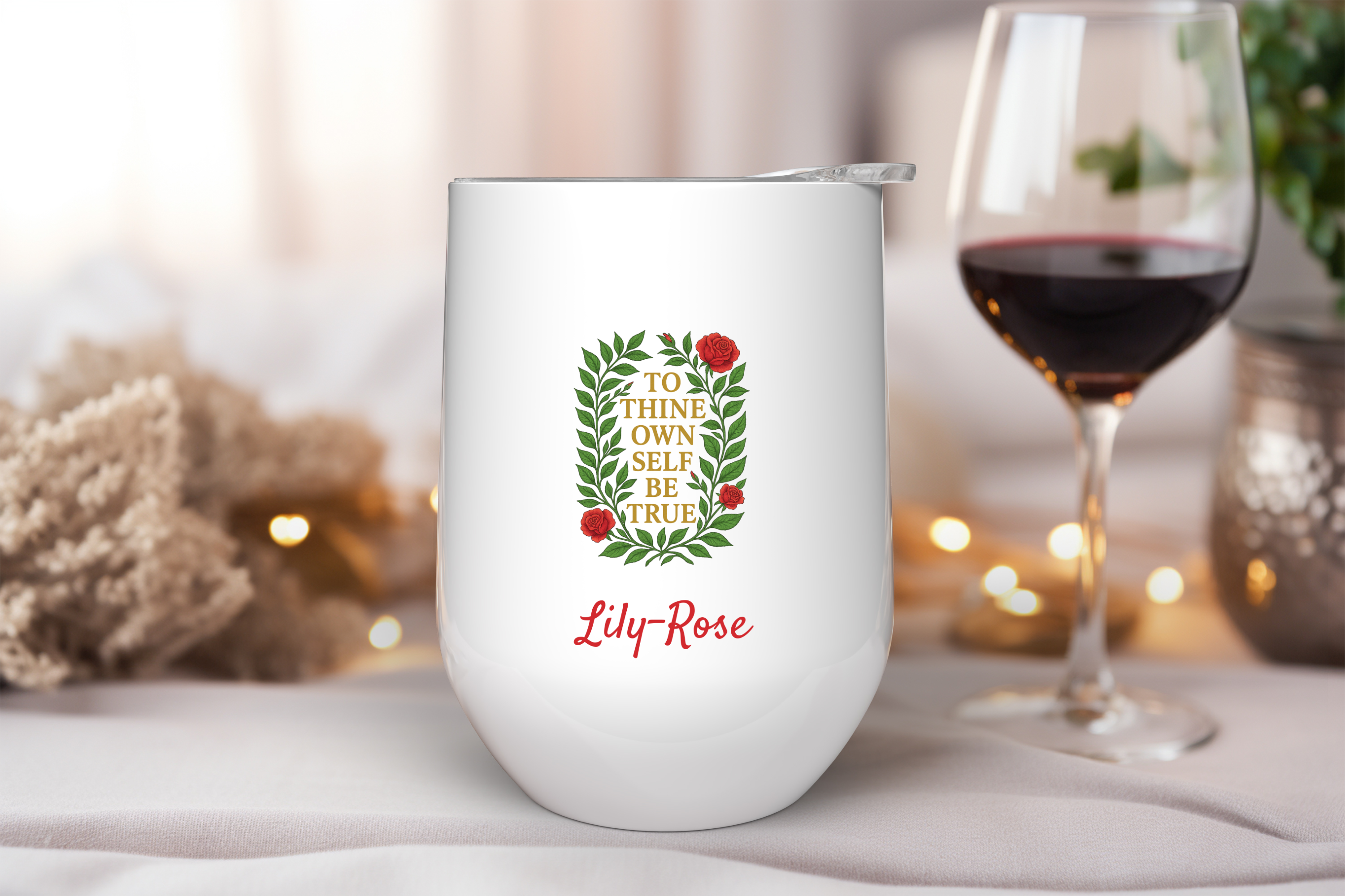 To Thine Own Self Be True Wine Tumbler – 12oz Personalized Stainless Steel Cup, Shakespeare Quote Gift for Theater Lovers & Actors