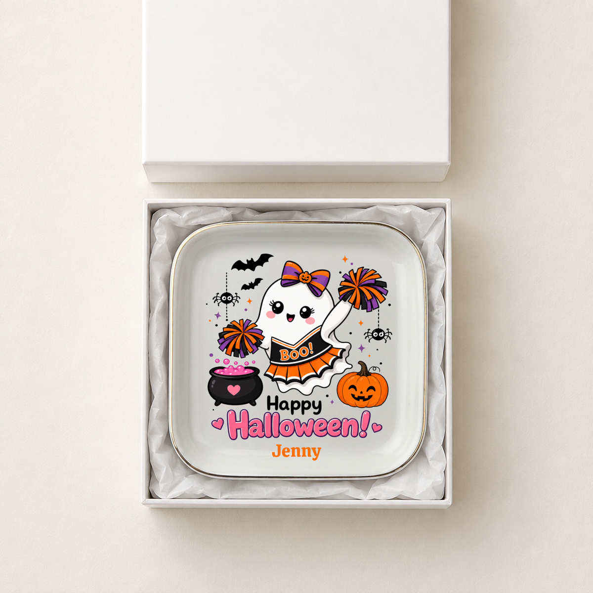 Halloween Gift for Cheerleaders, Personalized Halloween Jewelry Dish, Cute Ghost Trinket Tray, Ring Holder