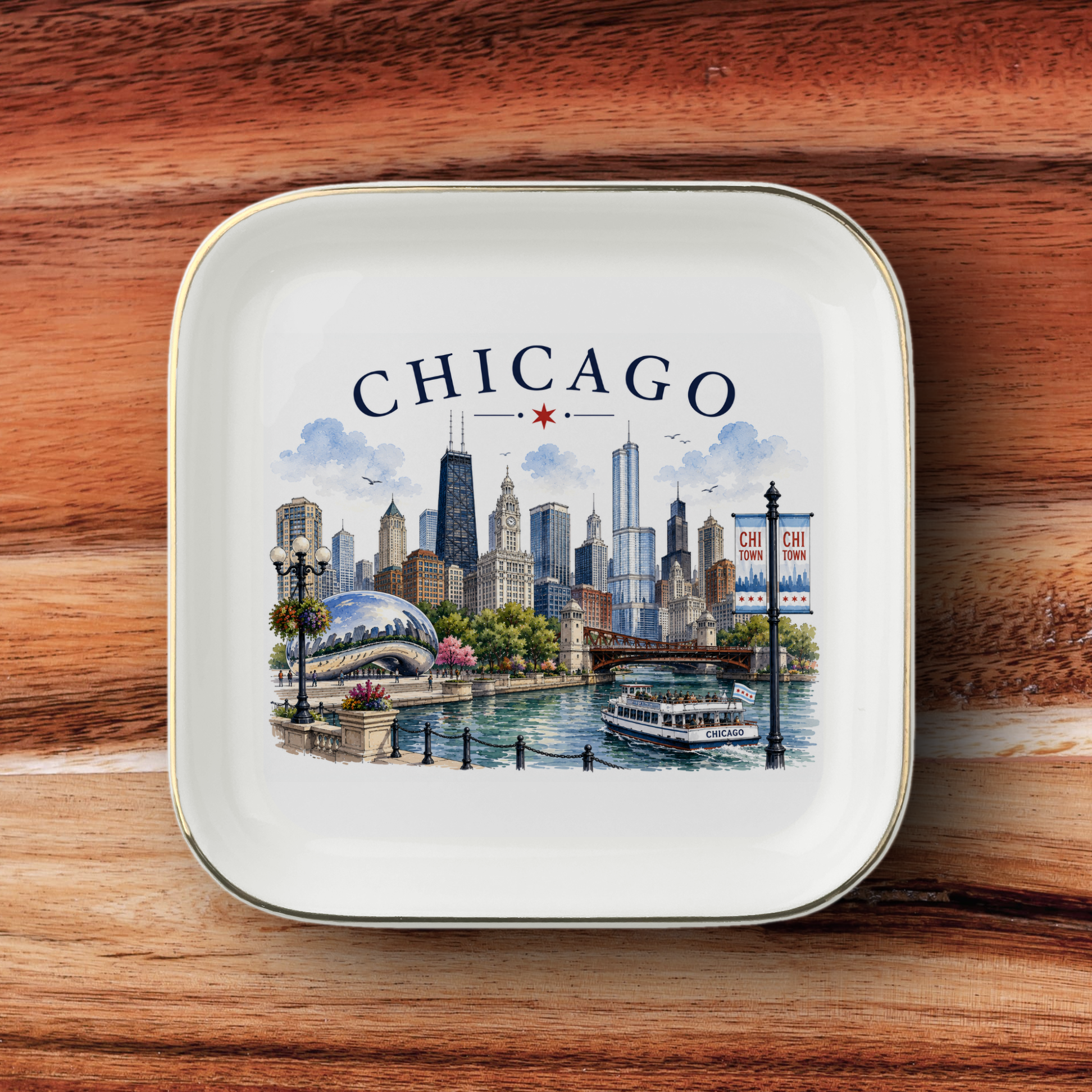 Chicago Skyline Jewelry Dish, Chicago Keepsake Tray, City Souvenir, Chicago River Scene, Gold Trim Ceramic Catchall Dish, Travel Gift