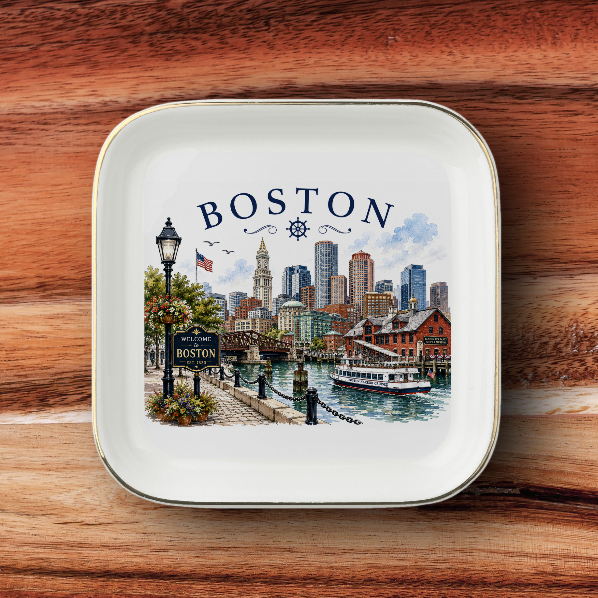 Boston Souvenir Jewelry Dish, Boston Harbor Trinket Tray, Massachusetts Travel Keepsake, Gold Trim Ceramic Catchall Gift for Boston Lovers