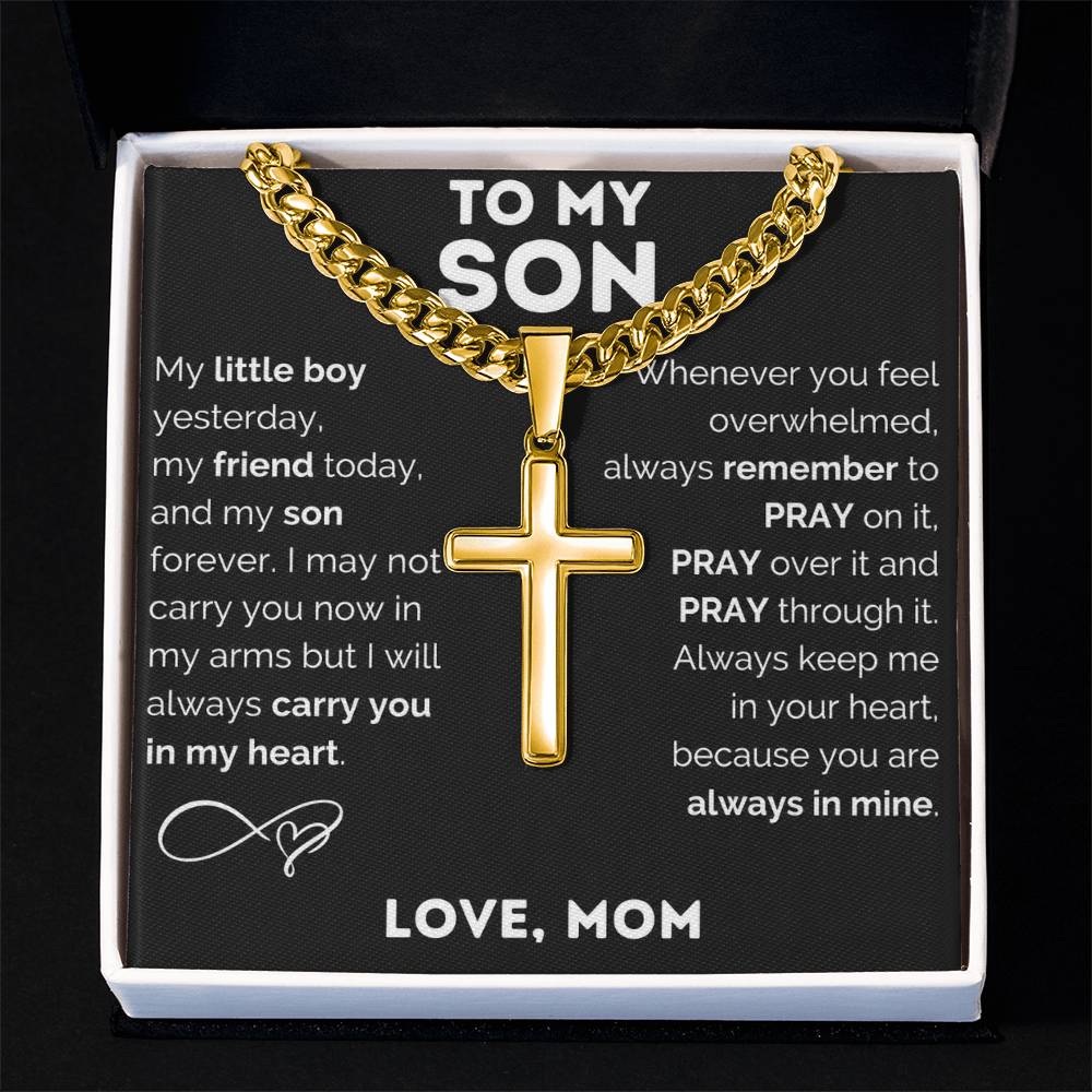 Personalized Cross Necklace, Cuban Link Chain Gift, To My Son Charm, Faith Jewelry, Engraved Pendant, Inspirational Gift Memory