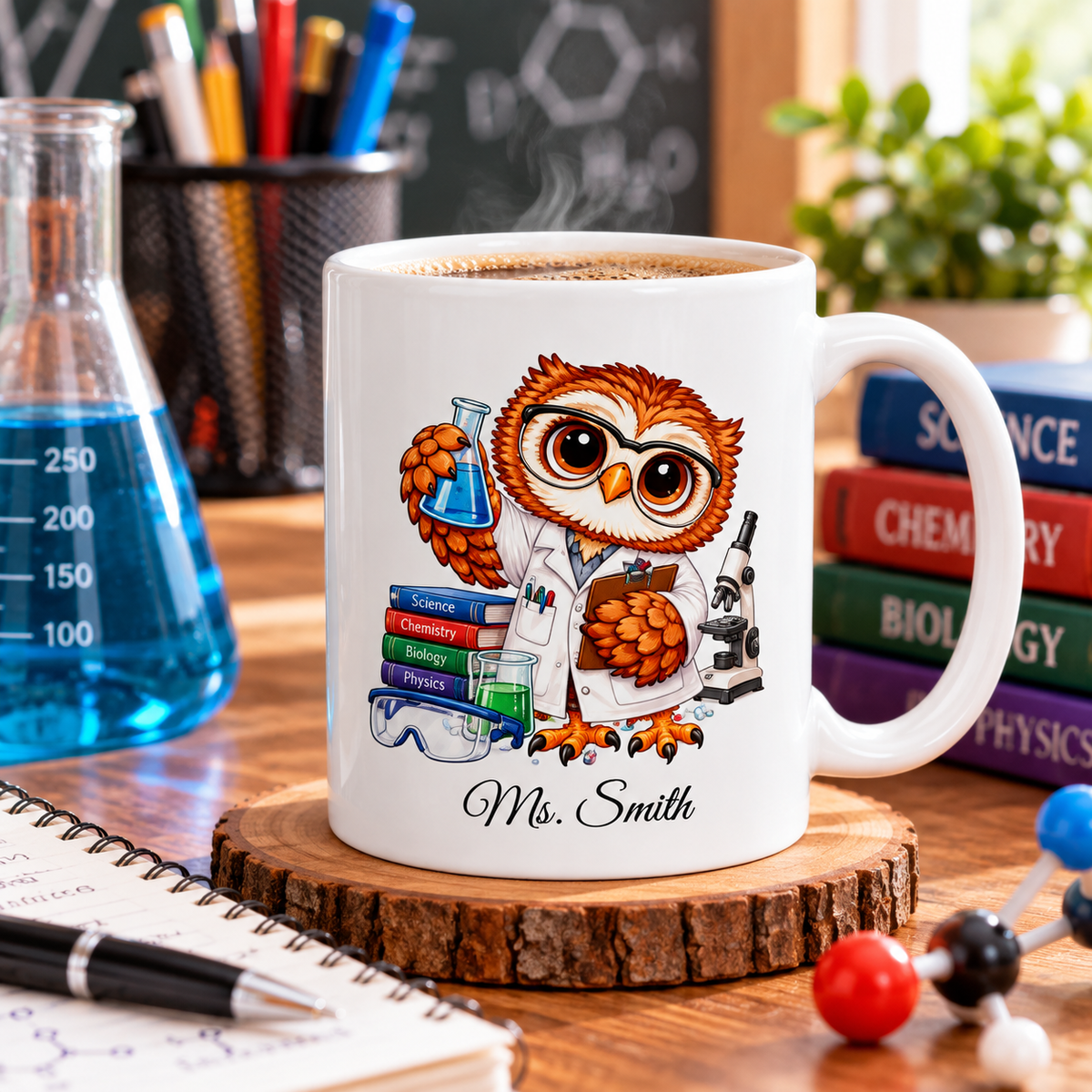 Personalized Science Teacher Coffee Mug, Cute Scientist Owl Mug, Custom Name STEM Teacher Gift, Science Lover Gift