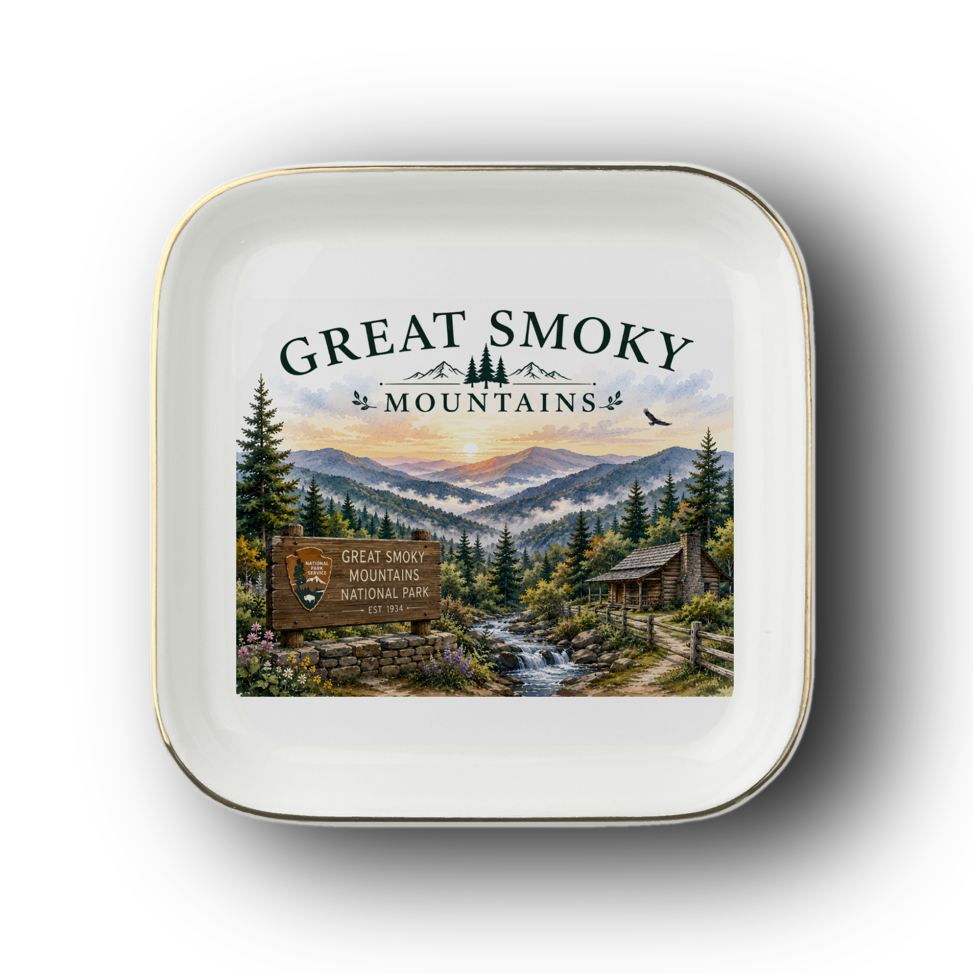 Great Smoky Mountains Jewelry Dish, National Park Souvenir, Mountain Cabin Ring Dish, Nature Lover Gift, Travel Keepsake Decor Piece