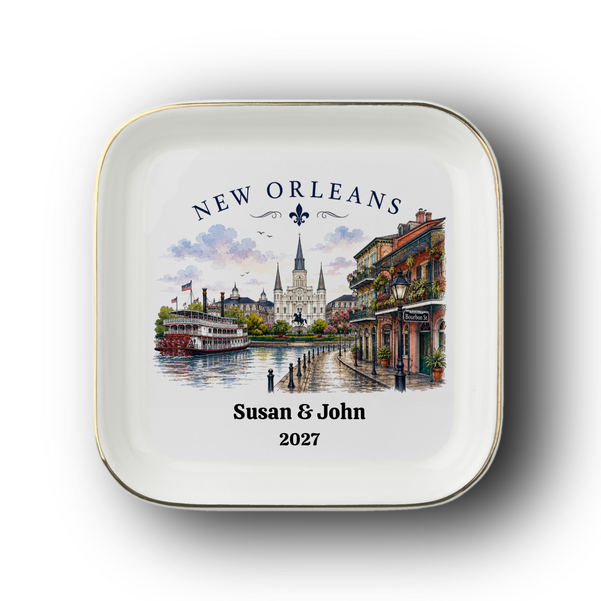 Peronalized New Orleans Jewelry Dish, Louisiana Keepsake Tray, Bourbon Street Trinket Dish, French Quarter Souvenir, Gift for Travelers and Locals