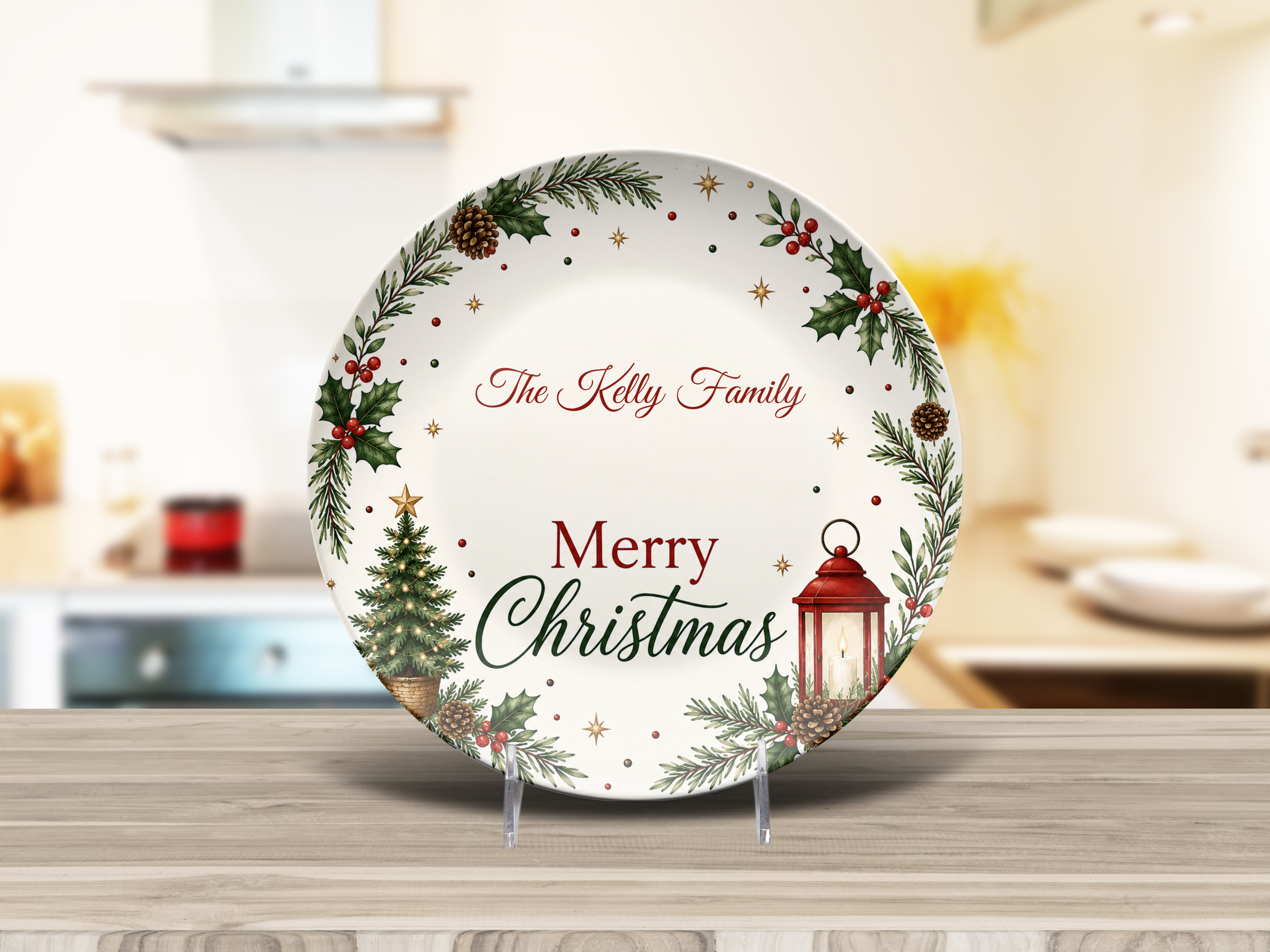 Personalized Christmas Family Plate, Merry Christmas Holiday Dinnerware, Festive Holly Pine Tree Lantern Seasonal Serving Plate Gift