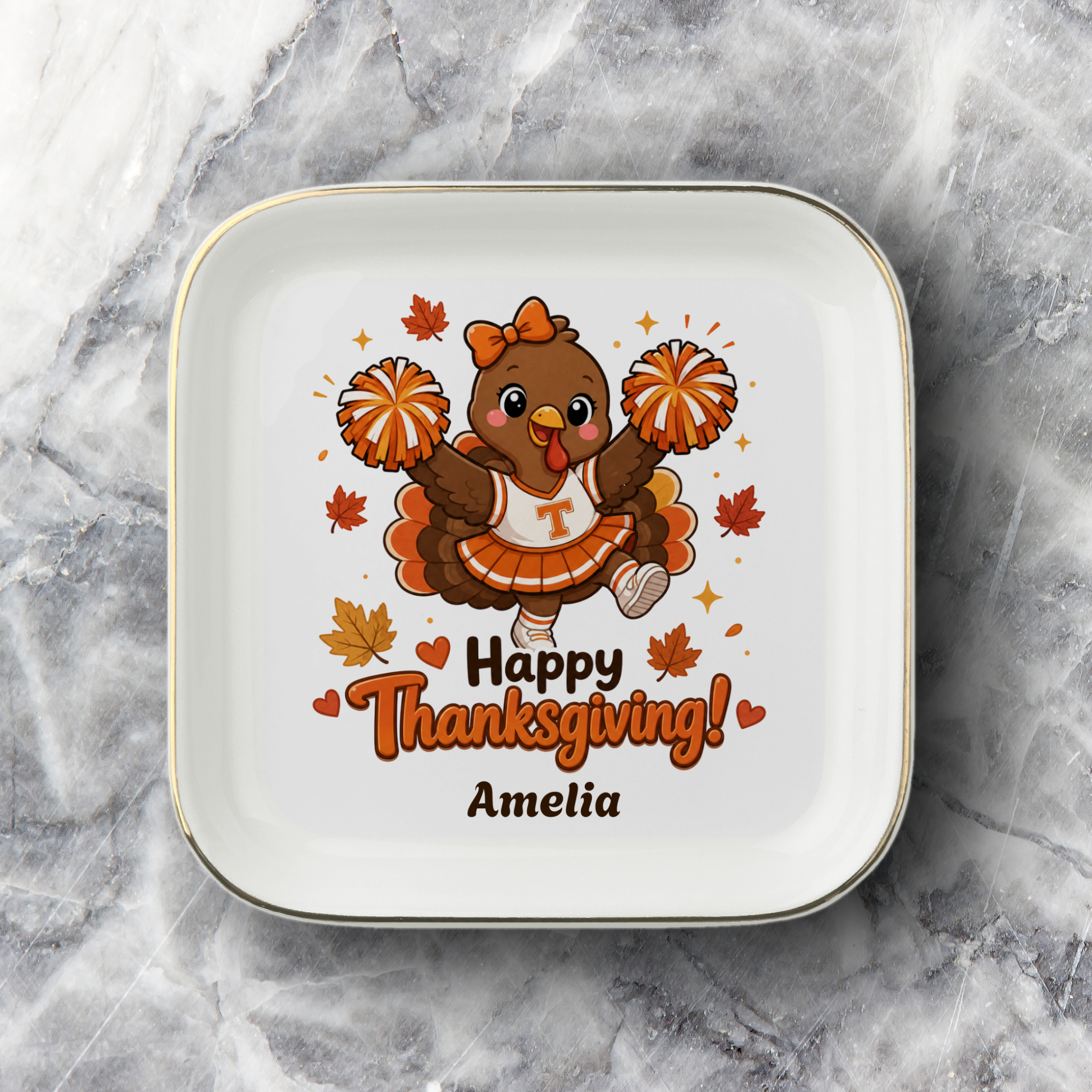 Personalized Thanksgiving Jewelry Dish, Cheerleader Turkey Trinket Tray, Fall Decor, Custom Name Gift, Ceramic Ring Holder
