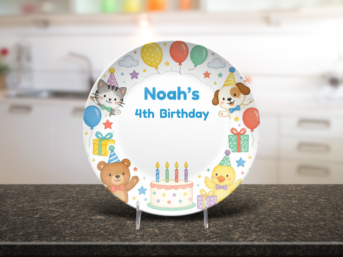 4th Birthday Plate, Personalized Kids Birthday Party Decor, Animal Celebration Keepsake Gift, 10 Inch, UNBREAKABLE – Not Ceramic