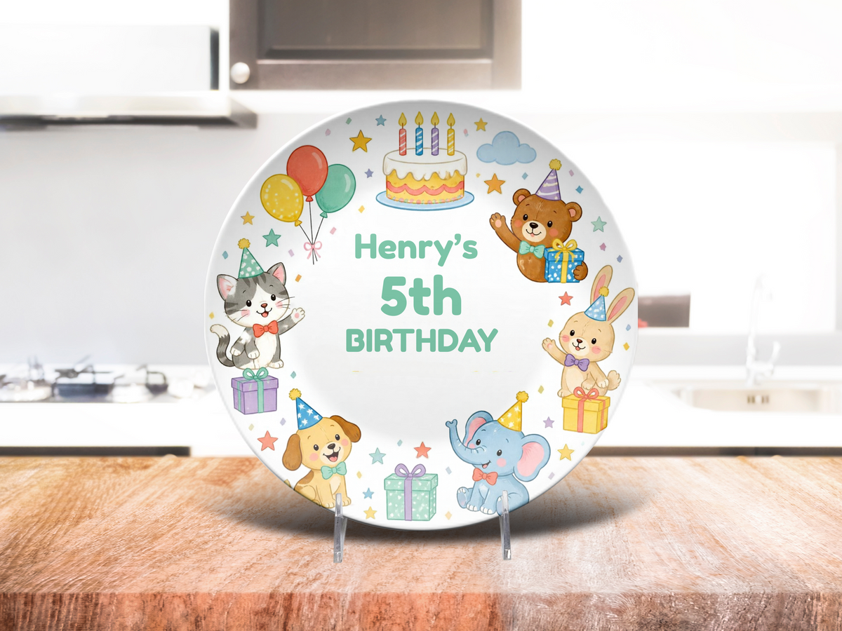 5th Birthday Plate, Personalized Kids Birthday Party Decoration, Bear, Bunny, Cat, Puppy & Elephant Design, UNBREAKABLE – Not Ceramic
