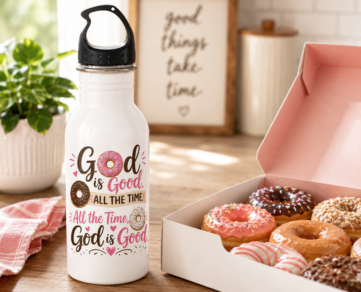 God Is Good. Donuts Are a Bonus!, Funny Christian Water Bottle, Funny Christian Faith Gift,  20oz Stainless Steel Bottle with Black Cap