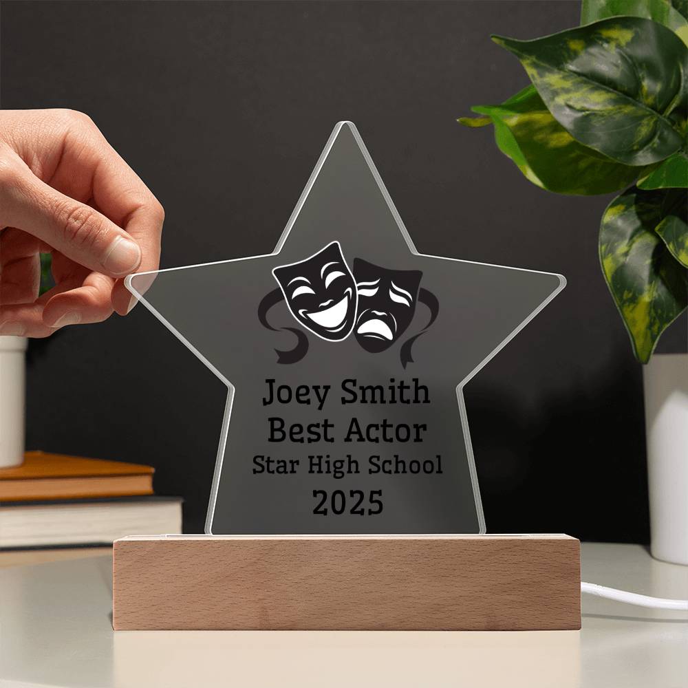 Best Actor Award – Personalized Acrylic Star Plaque with Theater Masks, Name, High School & Year