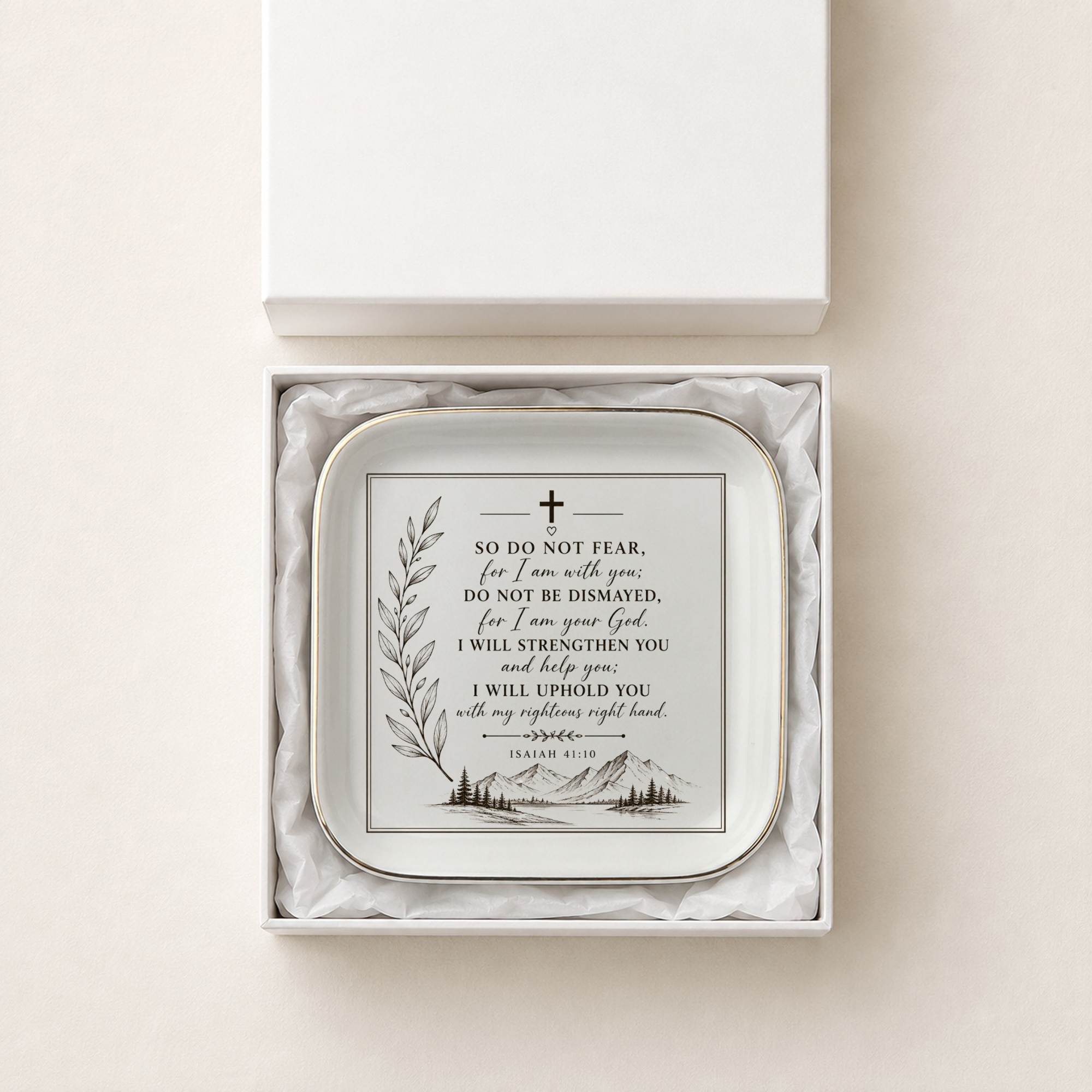 Isaiah 41:10 Jewelry Dish, Christian Scripture Gift, Faith Decor, Gold Trim Ceramic Ring Tray, Encouragement Gift for Her or Friend