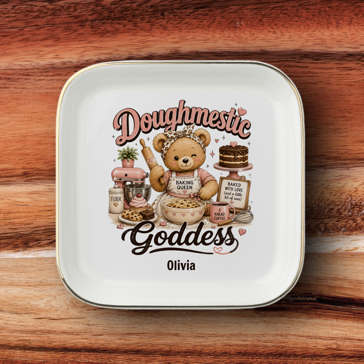 Baking Queen Kitchen Jewelry Dish, Doughmestic Goddess Ring Holder, Personalized Kitchen Decor, Baker Gift, Ceramic Trinket Tray